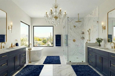 Inspiration for a large timeless master double-sink bathroom remodel in Phoenix with shaker cabinets, blue cabinets, an undermount sink, marble countertops, a hinged shower door and a built-in vanity