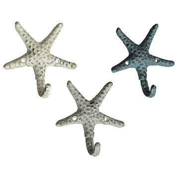 Set of 3 Cast Iron Nautical Starfish Decorative Wall Hooks Hangers 4 Inches