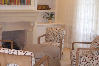 Mid-sized elegant formal and open concept carpeted and beige floor living room photo in Miami with beige walls, a standard fireplace and a stone fireplace
