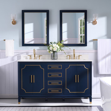 Melody Freestanding Bathroom Vanity with Wall Vanity Mirror and Quartz Top, Navy Blue, 60"