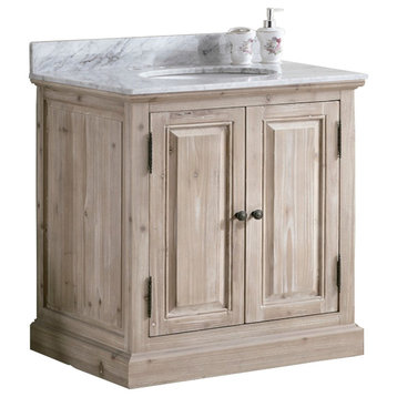 36" Solid Wood Sink Vanity With Carrera White Marble Top And Round Sink, Carrera