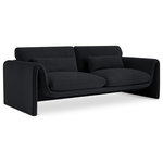 Meridian Furniture - Sloan Black Velvet Fabric Sofa - Position this elegantly eye-grabbing Sloan velvet sofa wherever you need to inject sophistication and beauty into your room. This sofa features sumptuously appointed soft black velvet that covers every inch of its softly padded arms, seat, and back cushions, ensuring total bliss while you read or watch TV. A wooden frame adds durability to the design, and the addition of a special matching pillow on the back adds to the chair's overall comfort factor.