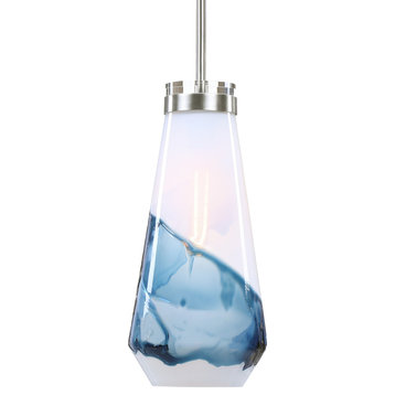 Swirling Blue White Art Glass Pendant 1 Light Cone Shape Watercolor Silver Sky