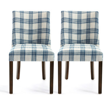 GDF Studio Rydel Fabric Dining Chairs, Set of 2, Dark Blue Plaid/Brown