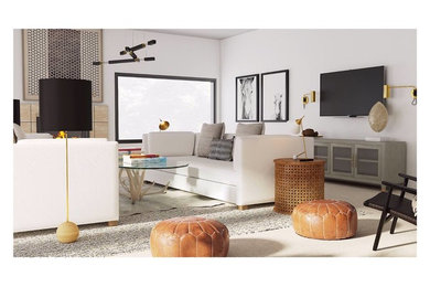 Example of a large minimalist formal and open concept carpeted and white floor living room design in San Francisco with white walls, a standard fireplace, a tile fireplace and a wall-mounted tv