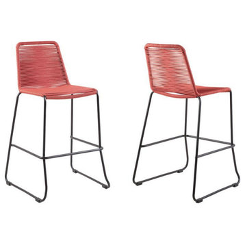 Shasta 26" Outdoor Metal and Brick Red Rope Stackable Counter Stool, Set of 2