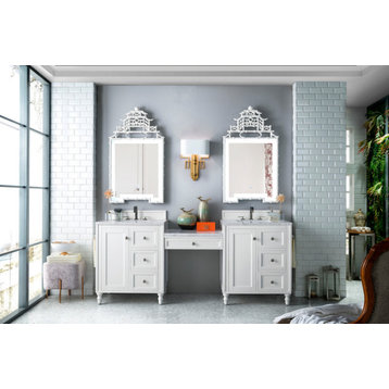 86 Inch Double Bath Vanity, White, Makeup Table, Carerra Marble, Transitional