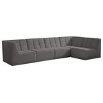Meridian Furniture - Relax Velvet Upholstered 5-Piece L-Shaped Modular Sectional, Grey - Bolster a contemporary vibe in your living room with this Relax grey modular sectional. Soft grey velvet upholstery offers delicate comfort, making this sectional cozy for anyone who sits in it. Biscuit tufting gives this sectional texture and a modern style, adding extra comfort and elegance to your living space. It's modular design allows you to create infinite configurations, making it a versatile piece to add to your home. A latch underneath the sectional makes it easy to attach to other pieces.