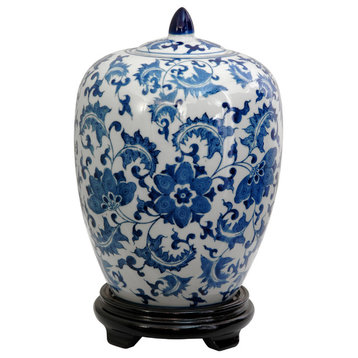 11" Floral Blue and White Porcelain Vase Jar