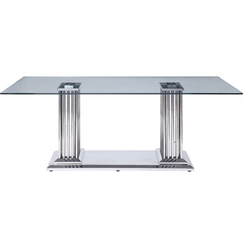 ACME Cyrene Dining Table WithDouble Pedestal, Stainless Steel and Clear Glass