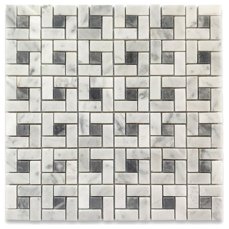Carrara White Bardiglio Gray Marble Pinwheel Spiral Mosaic Tile Polish, 1 sheet