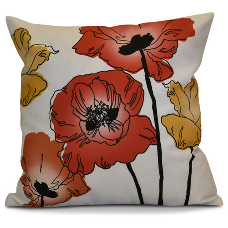 Poppies Floral Print Outdoor Pillow, Red/Orange, 18"x18"