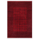 Bareens Designer Rugs - Tribal Khal Mohammadi Andreas Wool Rug 8'4" x 11'1" - Elegant Khal Mohammadi rugs made by skilled artisans of Northern Afghanistan using premium quality hand-spun wool and vegetable dyes are an exquisite addition to any decor. Meticulously hand-knotted using the age-old techniques of traditional Turkish or Ghiordes knots, these chic Khal Mohammadi rugs feature intricate designs with a warm color palette of deep reds, dark blues, and luxurious browns. The long-lasting mesmerizing hue in Khal Mohammadi rugs comes from the vegetable dyes made from madder root, indigo, and walnut husks that become more enchanting over time. The Biljilk Khal Mohammadi design showcases stylized floral motifs and a geometric pattern that draws inspiration from nature. The unique weaving style developed by influential rug weaver Khal Mohammad has resulted in rich colors, intricate patterns, and exceptional craftsmanship. Despite the scarcity of specific details about his early life and introduction to the craft, his techniques and designs have made an indelible mark on the world of rug craftsmanship, making these rugs a testament to his unparalleled skill and innovation. The intricate design and the dark hues exude an aura of dreamy serenity and undeniable luxury that will elevate the ambiance of any room.