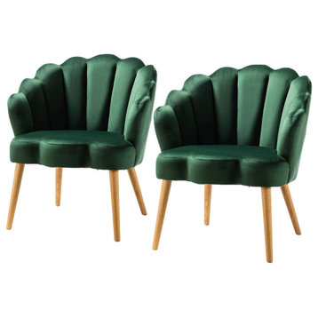 Scalloped Velvet Arm Chair With Tufted Back Set of 2, Green
