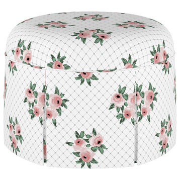 Cumberland Round Skirted Ottoman in Chainlink Rose Blush