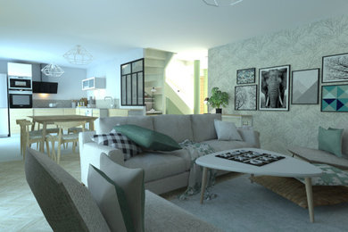 Cette photo montre un grand salon moderne ouvert avec un mur vert et un sol en vinyl.