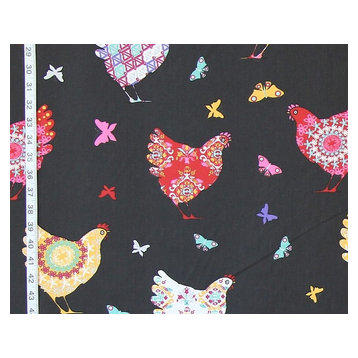 French Chicken Fabric Whimsical Country Black, Standard Cut