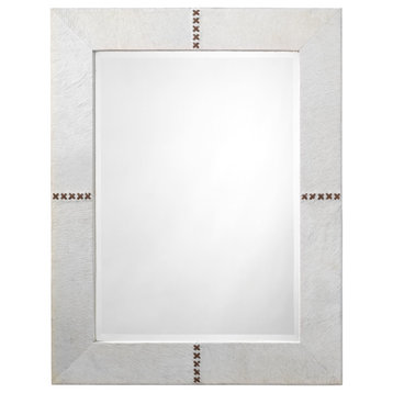 Reversible White Cow Hide Leather Cross Stitch Rectangle Wall Mirror