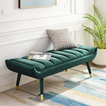 Modern Designer Lounge Club Lobby Accent Chair Bench, Velvet Fabric, Green