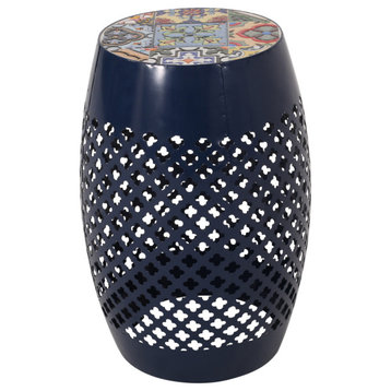 Vivaan Outdoor Lace Cut Side Table With Tile Top, Dark Blue/Multi-Color