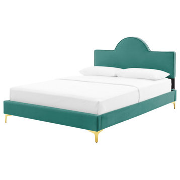 Platform Bed Frame, King Size, Teal Blue, Velvet, Modern, Bedroom Guest Suite