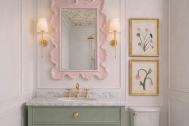 Bathroom - mid-sized traditional 3/4 white tile and ceramic tile marble floor, green floor, single-sink, wallpaper ceiling and wainscoting bathroom idea in Raleigh with furniture-like cabinets, green cabinets, an undermount sink, marble countertops, white countertops and a freestanding vanity