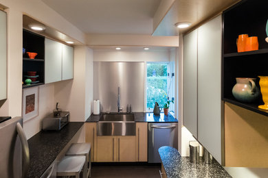 Mid-sized minimalist galley porcelain tile enclosed kitchen photo in Baltimore with a farmhouse sink, glass-front cabinets, light wood cabinets, solid surface countertops, metallic backsplash, stainless steel appliances and no island