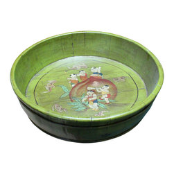 Chinese Vintage Distressed Green Graphic Round Shape Wood Bucket - Baskets