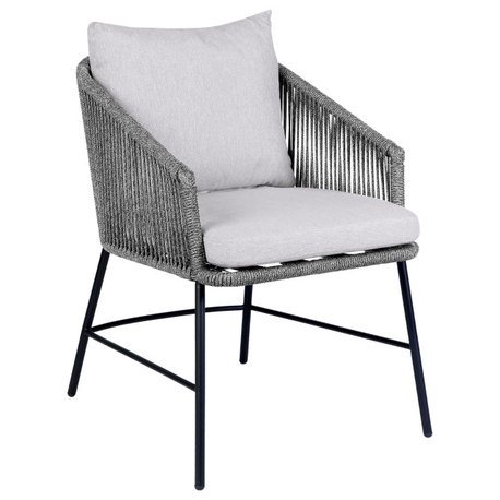 Calica Outdoor Patio Dining Chair, Black Metal And Gray Rope