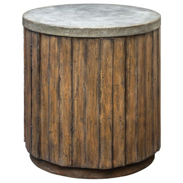 Rustic Pieced Wood Drum Table Cabinet, 2 Shelf Metal Top Round