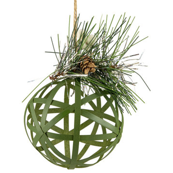 5" Green Rattan Christmas Ball Ornament with Pine Cone