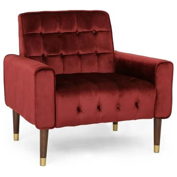 Elegant Accent Chair, Square Tufted Velvet Seat, Gold Tipped Wooden Legs, Red