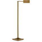 Currey & Company - Ruxley Floor Lamp - We"re betting the Ruxley Brass floor lamp will become a reader"s comrade in arms, as the rectangular box of light extending from its L-shaped body reaches out to illuminate the page perused by whomever is sitting beneath it. The squared bands of metal that make up the lamp, as well as the anchoring base and the shade, have been treated to a polished antique brass finish. The Ruxley, which stands 44" tall, also comes in a polished nickel version.