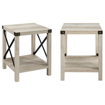Set of 2 Rustic Side Table, X-Metal Sides With Lower Shelf, White Oak