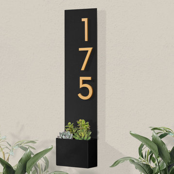 Standing Tall Address Planter + House Numbers, Black, Brass Font