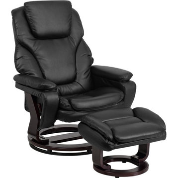 2-Piece Leather Recliner and Ottoman Set, Black Leather