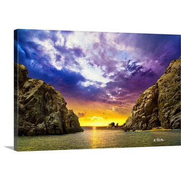 Sea Passage Rocky Cliffs Sunset Fantasy Wrapped Canvas Art Print, 18"x12"x1.5"