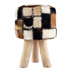 BHome - Patchwork Foot Stool Round Goat Hide - Footstools And Ottomans