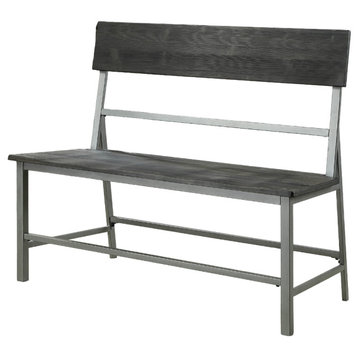 Industrial Dining Bench, Silver Finished Metal Frame With Faux Wood Seat & Back