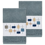 Linum Home Textiles - Khloe 2 Piece Embellished Hand Towel Set - The KHLOE Embellished Towel Collection features a mod geometric grid embroidery on a woven textured border.