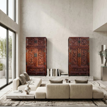 Pair Chinese Rosewood Relief Foo Dog Carving Compound Cabinets sdc01