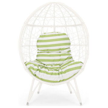 Amaryllis Outdoor Wicker Teardrop Chair With Cushion, White/Green