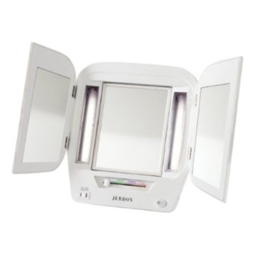 Jerdon JGL10W Euro Tabletop Tri-Fold Two-Sided Lighted Makeup Mirror with 5x Mag
