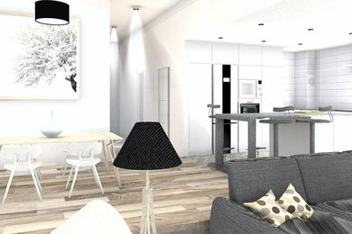 Ejemplo de salón tipo loft minimalista grande con paredes blancas, suelo de baldosas de porcelana, televisor colgado en la pared y suelo beige