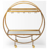 Carola Gold Frame Two-Tier Glass Shelves w/ Stemware Holder Bar Cart