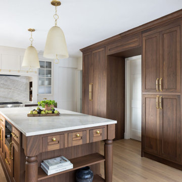 Luxury Transitional Kitchen with Walnut Cabinetry, Marble Slab Backsplash & Bras