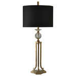StyleCraft Home Collection - Vintage Gold Metal and Glass Lamp with Black Fabric Drum Shade - A gold and black lamp with glass accents, this light fixture brings bold style to a side table in a bedroom, living room, or hallway. It's a striking lamp that's also ideal for an office desk or a dining room buffet. The metal frame has a vintage gold finish, and there is a glittering crystal embellishment near the top. The matte black fabric shade is a stunning final touch.