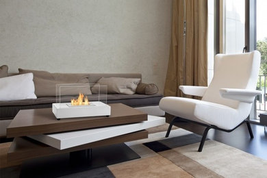 Design ideas for a small modern open concept living room in New York with a two-sided fireplace.