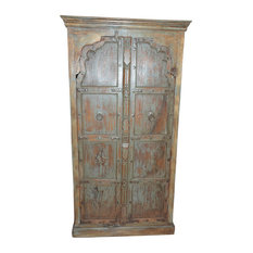Mogul Interior - Consigned Antique Indian Armoire Cabinet Distressed Wood Jodhpur - Armoires And Wardrobes