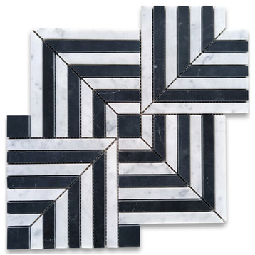 Carrara White Nero Marquina Black Marble Maze Square Weave Mosaic Tile, 1 sheet